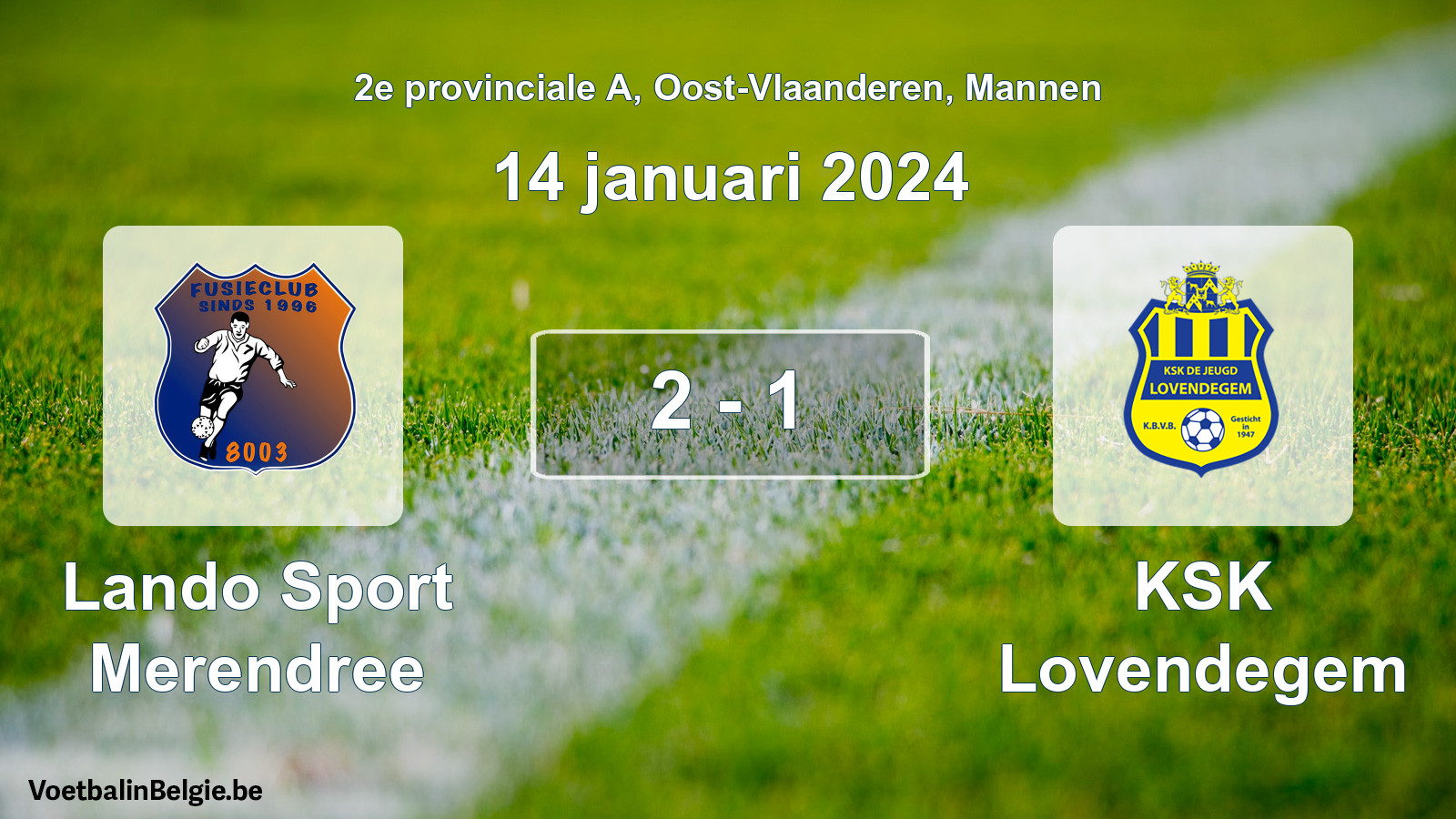 Gespeelde wedstrijd mannenvoetbal: Lando Sport Merendree - KSK Lovendegem 2 - 1 (14 januari 2024)
