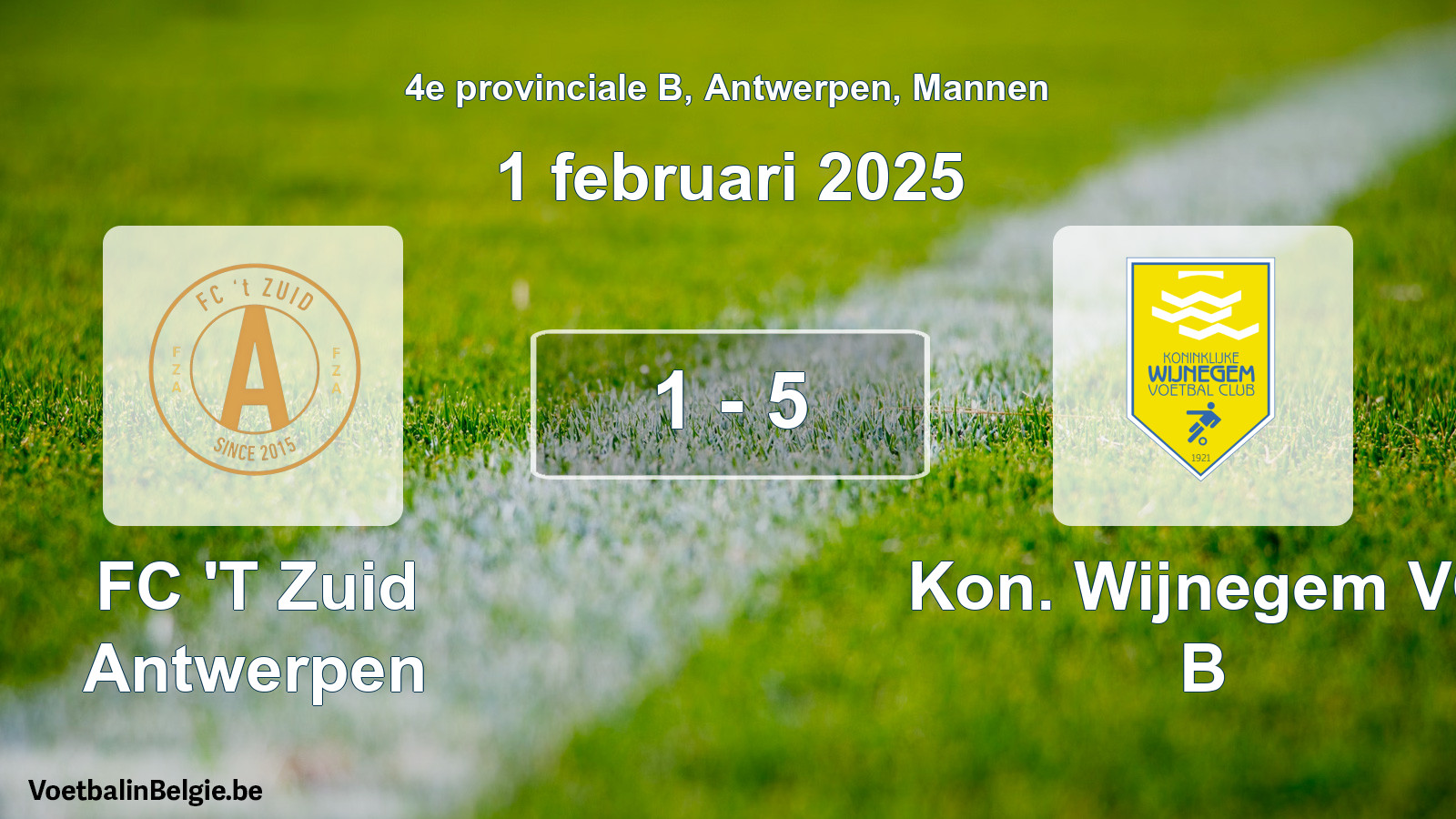 Gespeelde wedstrijd mannenvoetbal: FC 'T Zuid Antwerpen - Kon. Wijnegem VC B 1 - 5 (1 februari 2025)