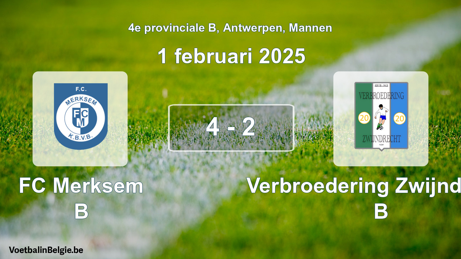 Gespeelde wedstrijd mannenvoetbal: FC Merksem B - Verbroedering Zwijndrecht B 4 - 2 (1 februari 2025)