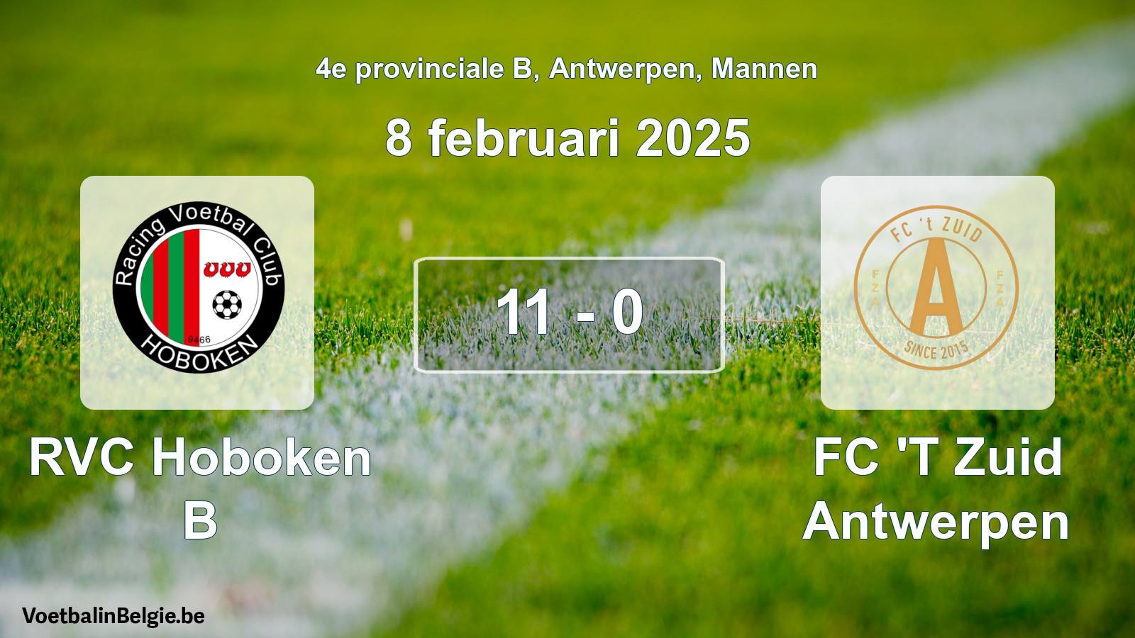 Gespeelde wedstrijd mannenvoetbal: RVC Hoboken B - FC 'T Zuid Antwerpen 11 - 0 (8 februari 2025)