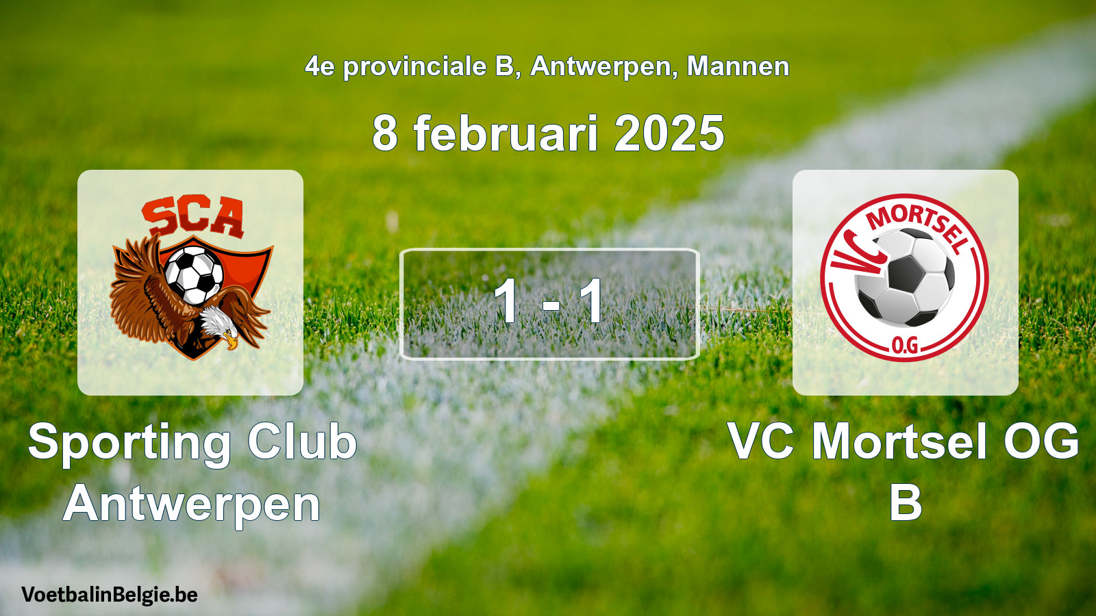 Gespeelde wedstrijd mannenvoetbal: Sporting Club Antwerpen - VC Mortsel OG B 1 - 1 (8 februari 2025)