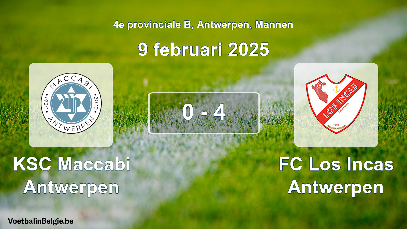 Gespeelde wedstrijd mannenvoetbal: KSC Maccabi Antwerpen - FC Los Incas Antwerpen 0 - 4 (9 februari 2025)