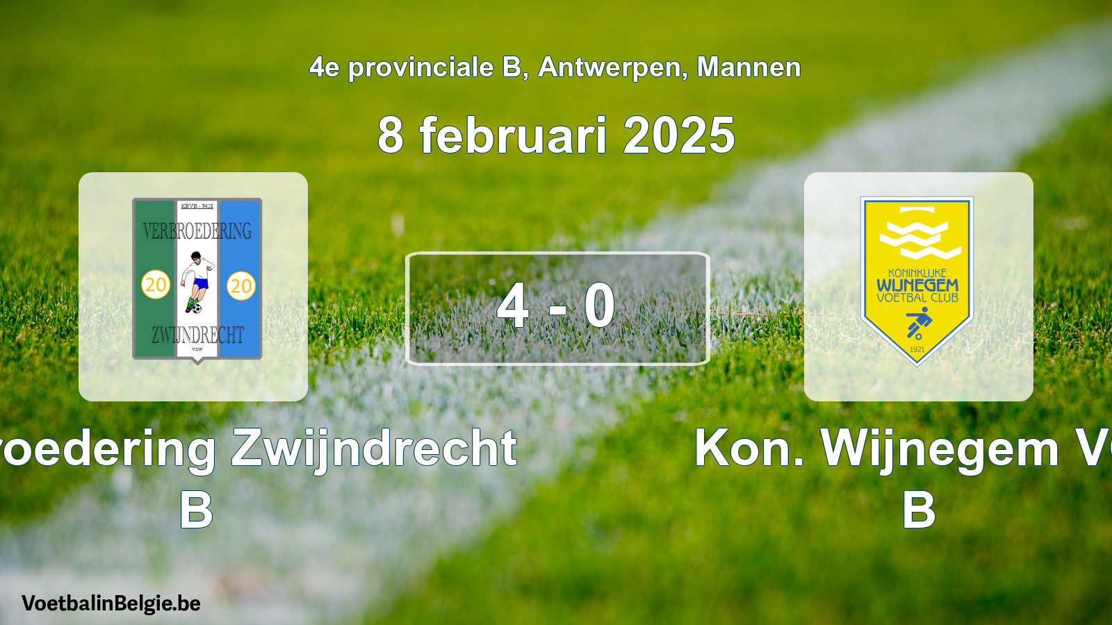 Gespeelde wedstrijd mannenvoetbal: Verbroedering Zwijndrecht B - Kon. Wijnegem VC B 4 - 0 (8 februari 2025)