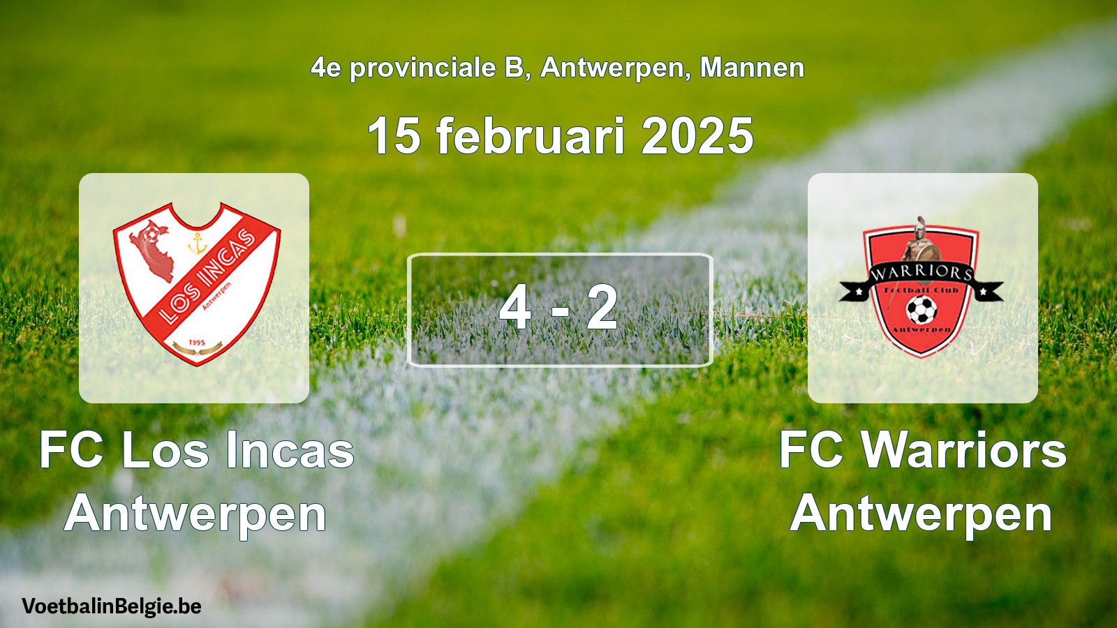 Gespeelde wedstrijd mannenvoetbal: FC Los Incas Antwerpen - FC Warriors Antwerpen 4 - 2 (15 februari 2025)