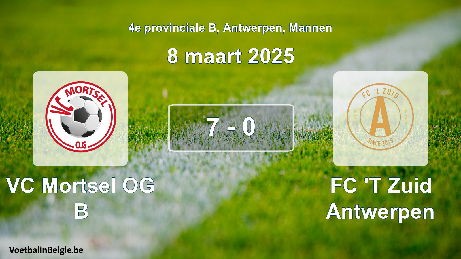 Gespeelde wedstrijd mannenvoetbal: VC Mortsel OG B - FC 'T Zuid Antwerpen 7 - 0 (8 maart 2025)