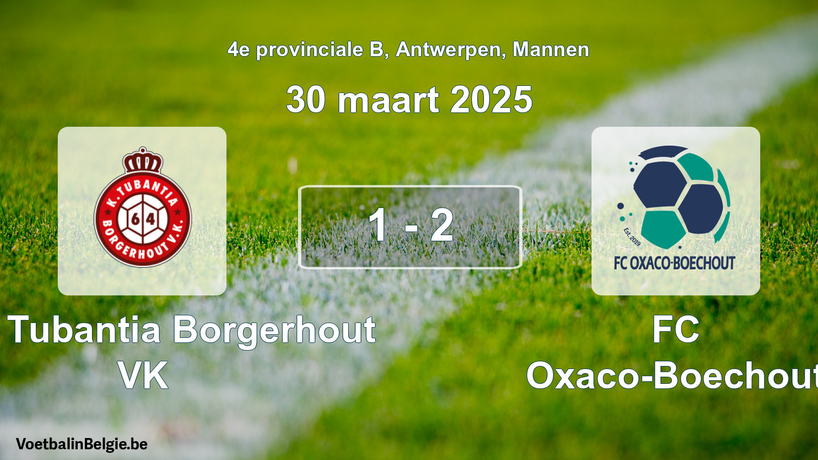 Gespeelde wedstrijd mannenvoetbal: Kon. Tubantia Borgerhout VK - FC Oxaco-Boechout 1 - 2 (30 maart 2025)
