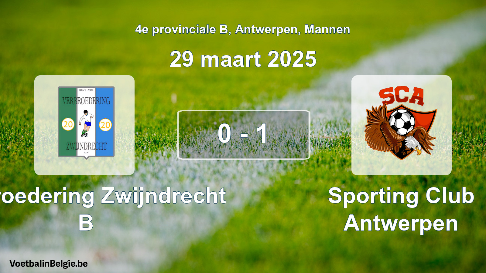 Gespeelde wedstrijd mannenvoetbal: Verbroedering Zwijndrecht B - Sporting Club Antwerpen 0 - 1 (29 maart 2025)