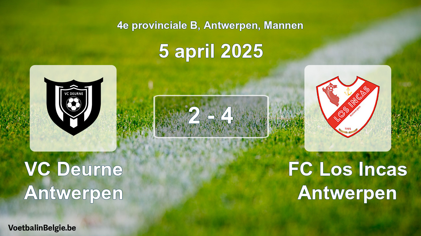 Gespeelde wedstrijd mannenvoetbal: VC Deurne Antwerpen - FC Los Incas Antwerpen 2 - 4 (5 april 2025)