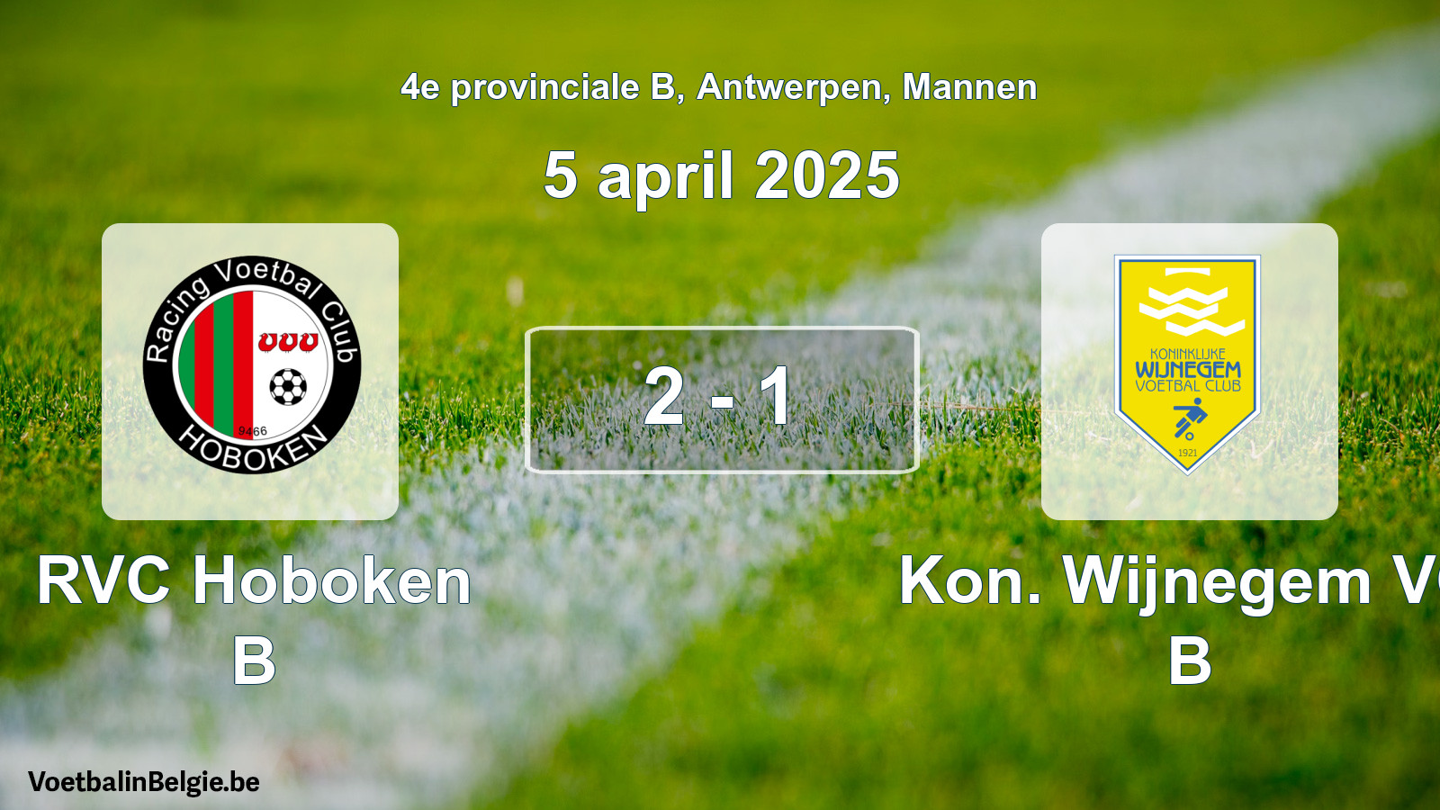 Gespeelde wedstrijd mannenvoetbal: RVC Hoboken B - Kon. Wijnegem VC B 2 - 1 (5 april 2025)