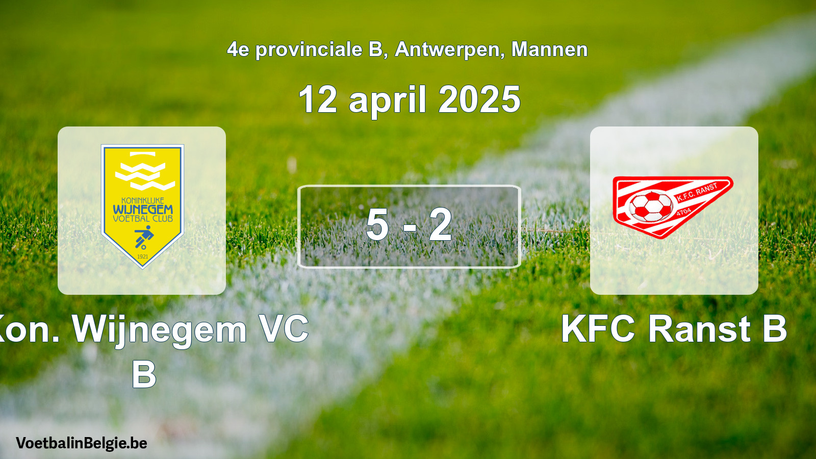 Gespeelde wedstrijd mannenvoetbal: Kon. Wijnegem VC B - KFC Ranst B 5 - 2 (12 april 2025)