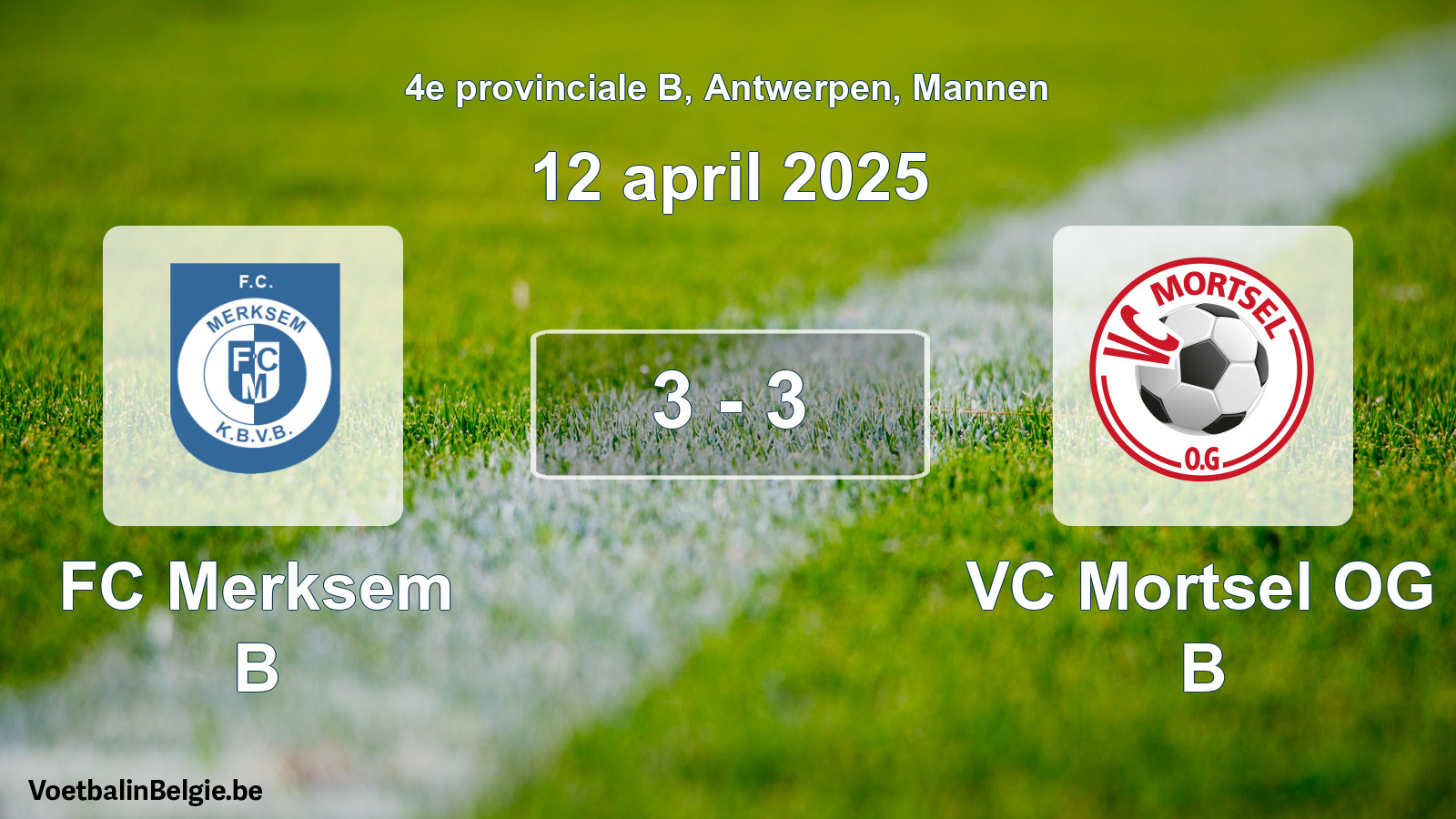 Gespeelde wedstrijd mannenvoetbal: FC Merksem B - VC Mortsel OG B 3 - 3 (12 april 2025)