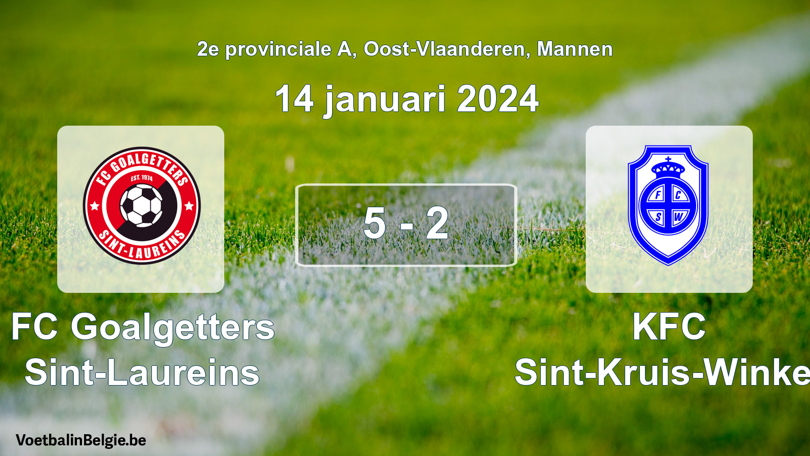 Gespeelde wedstrijd mannenvoetbal: FC Goalgetters Sint-Laureins - KFC Sint-Kruis-Winkel 5 - 2 (14 januari 2024)