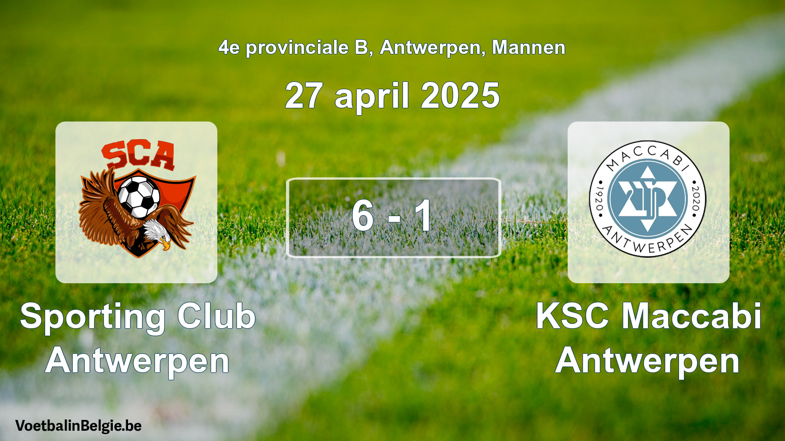 Gespeelde wedstrijd mannenvoetbal: Sporting Club Antwerpen - KSC Maccabi Antwerpen 6 - 1 (27 april 2025)