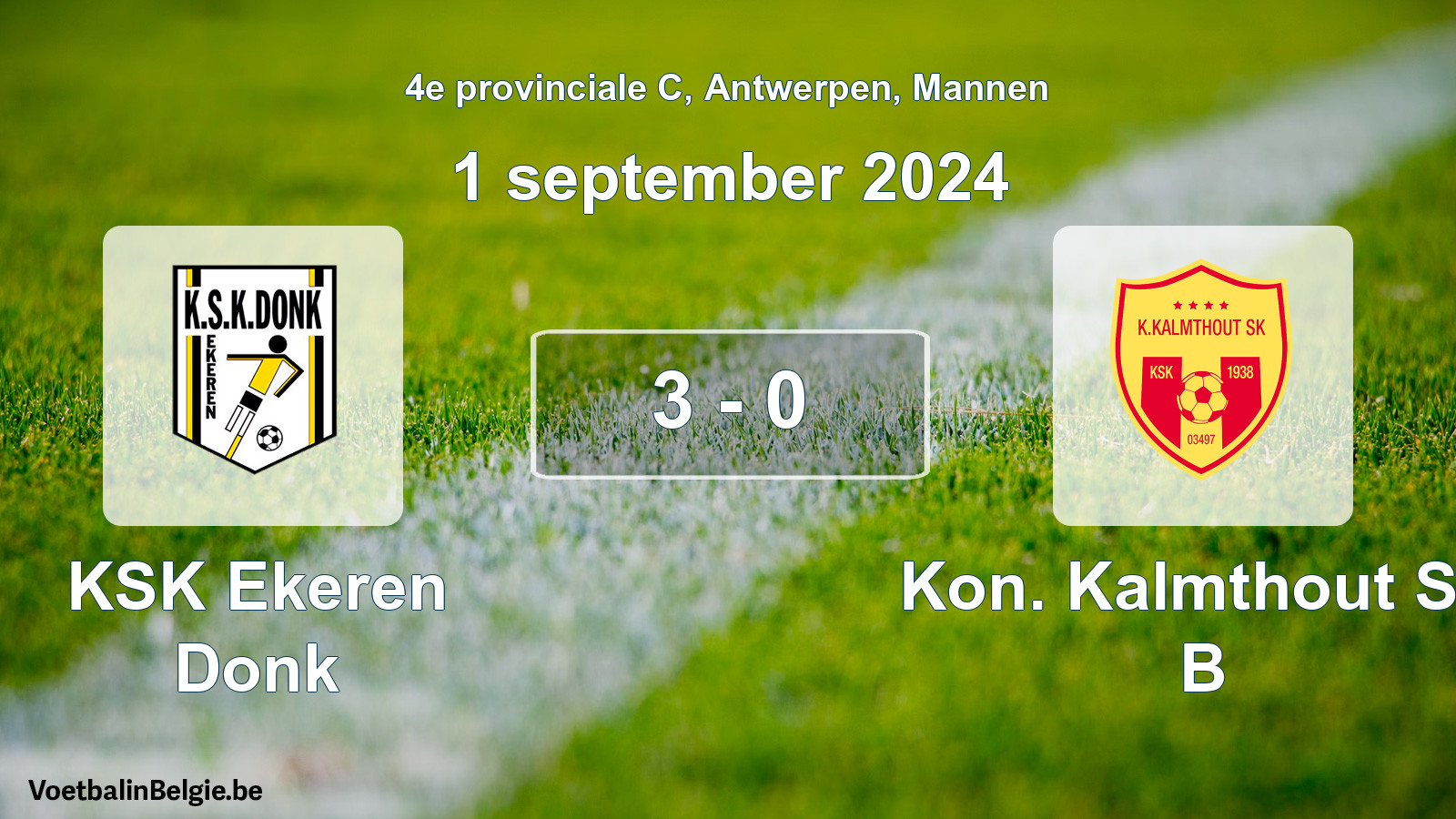 Gespeelde wedstrijd mannenvoetbal: KSK Ekeren Donk - Kon. Kalmthout SK B 3 - 0 (1 september 2024)