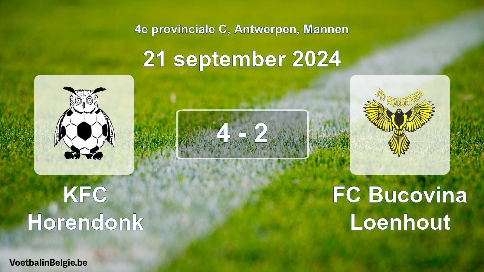 Played match men football: KFC Horendonk - FC Bucovina Loenhout 4 - 2 (21 September 2024)