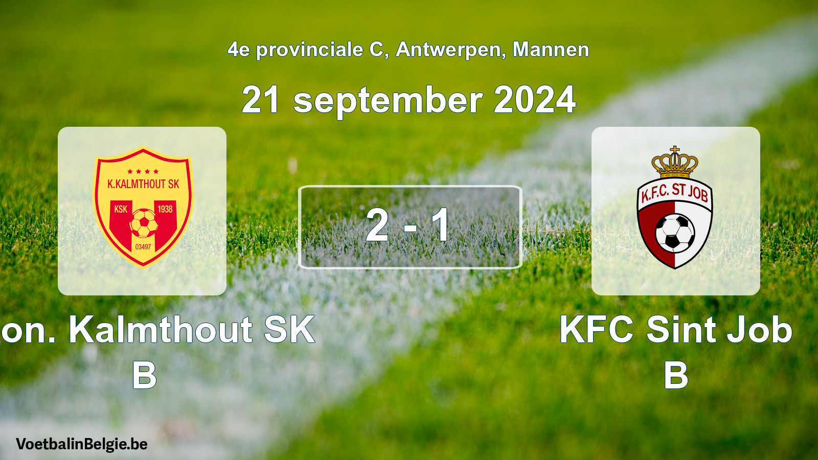 Gespeelde wedstrijd mannenvoetbal: Kon. Kalmthout SK B - KFC Sint Job B 2 - 1 (21 september 2024)
