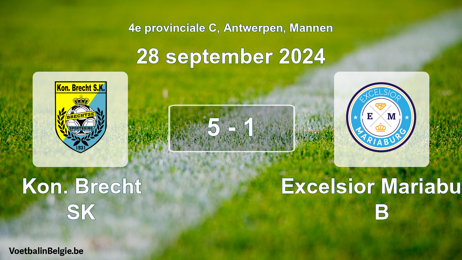 Gespeelde wedstrijd mannenvoetbal: Kon. Brecht SK - Excelsior Mariaburg B 5 - 1 (28 september 2024)