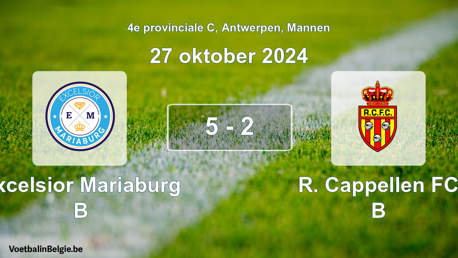 Gespeelde wedstrijd mannenvoetbal: Excelsior Mariaburg B - R. Cappellen FC B 5 - 2 (27 oktober 2024)