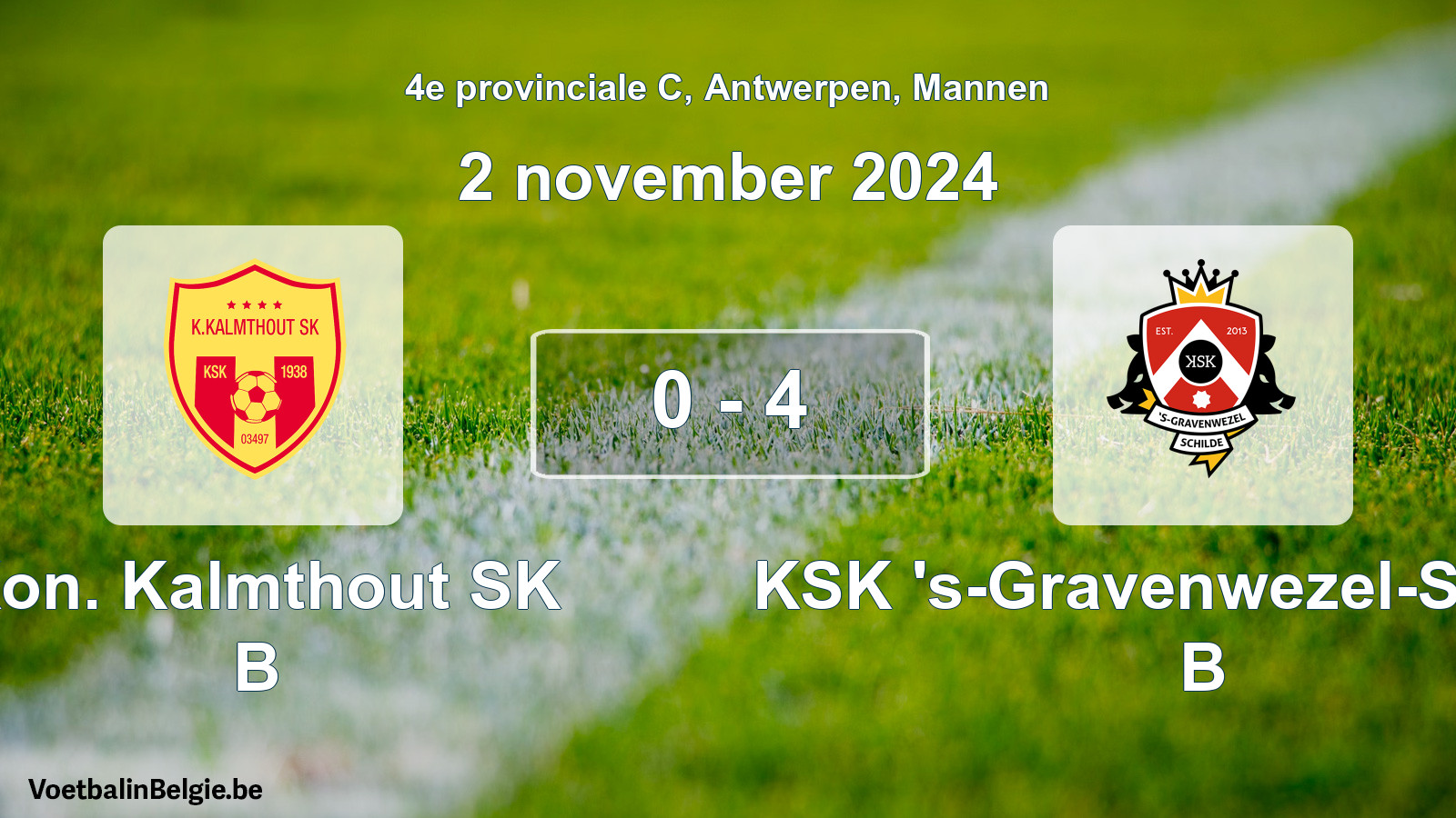 Gespeelde wedstrijd mannenvoetbal: Kon. Kalmthout SK B - KSK 's-Gravenwezel-Schilde B 0 - 4 (2 november 2024)