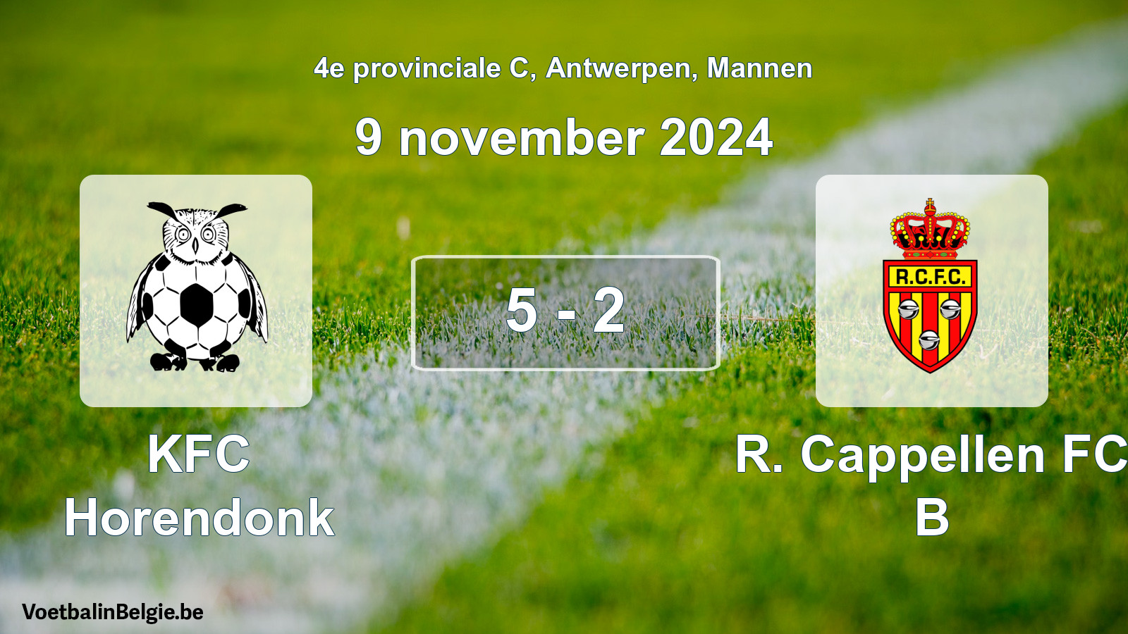 Match joué football hommes: KFC Horendonk - R. Cappellen FC B 5 - 2 (9 novembre 2024)