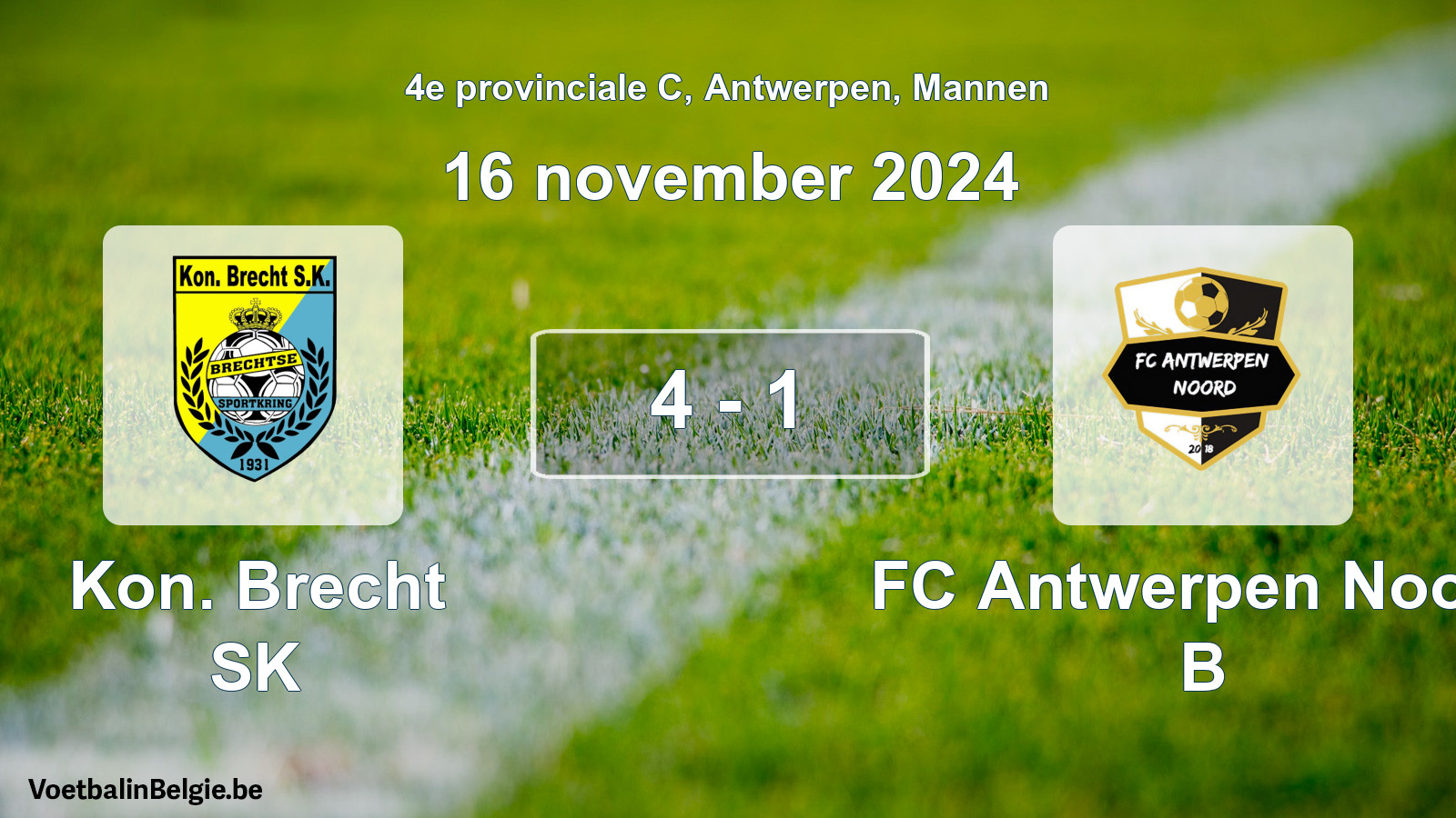 Gespeelde wedstrijd mannenvoetbal: Kon. Brecht SK - FC Antwerpen Noord B 4 - 1 (16 november 2024)
