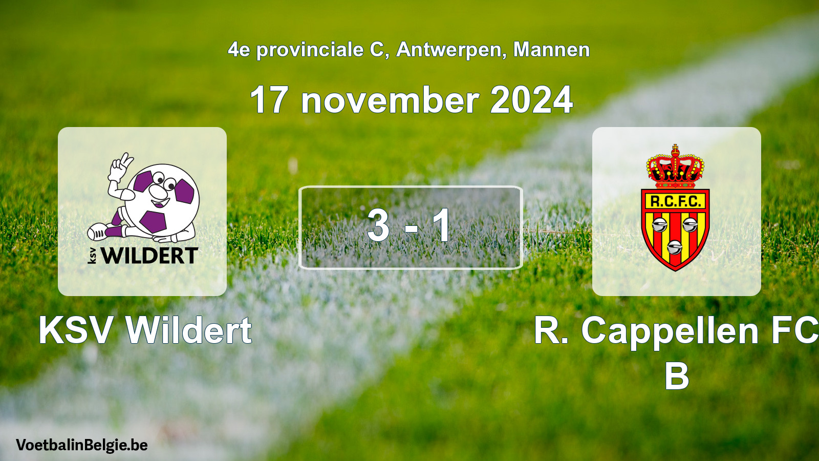 Gespeelde wedstrijd mannenvoetbal: KSV Wildert - R. Cappellen FC B 3 - 1 (17 november 2024)