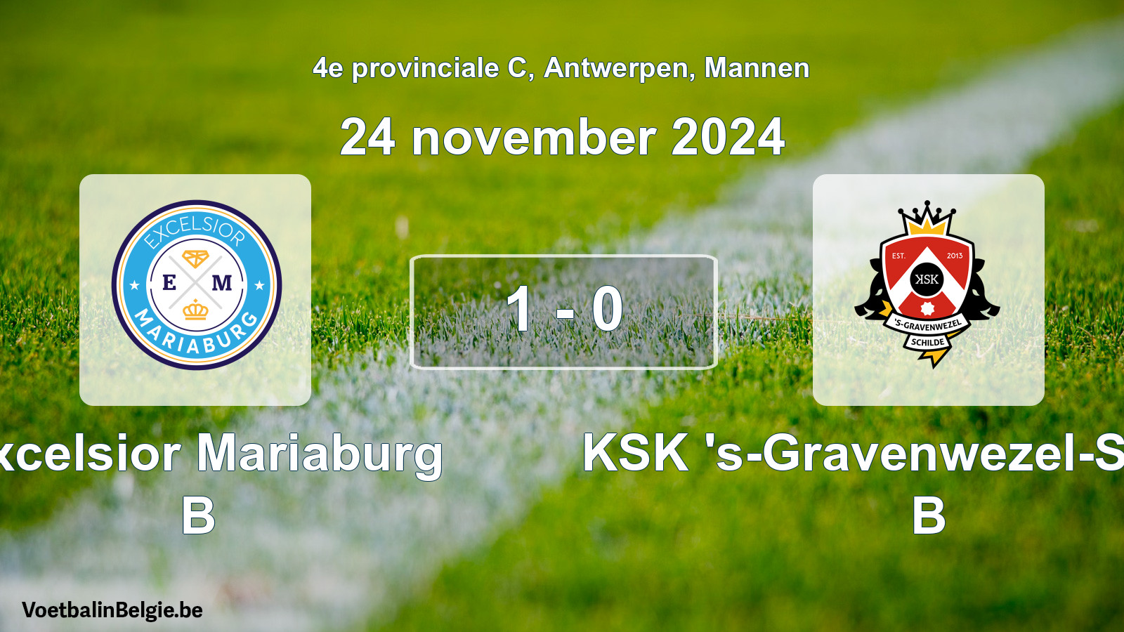 Gespeelde wedstrijd mannenvoetbal: Excelsior Mariaburg B - KSK 's-Gravenwezel-Schilde B 1 - 0 (24 november 2024)