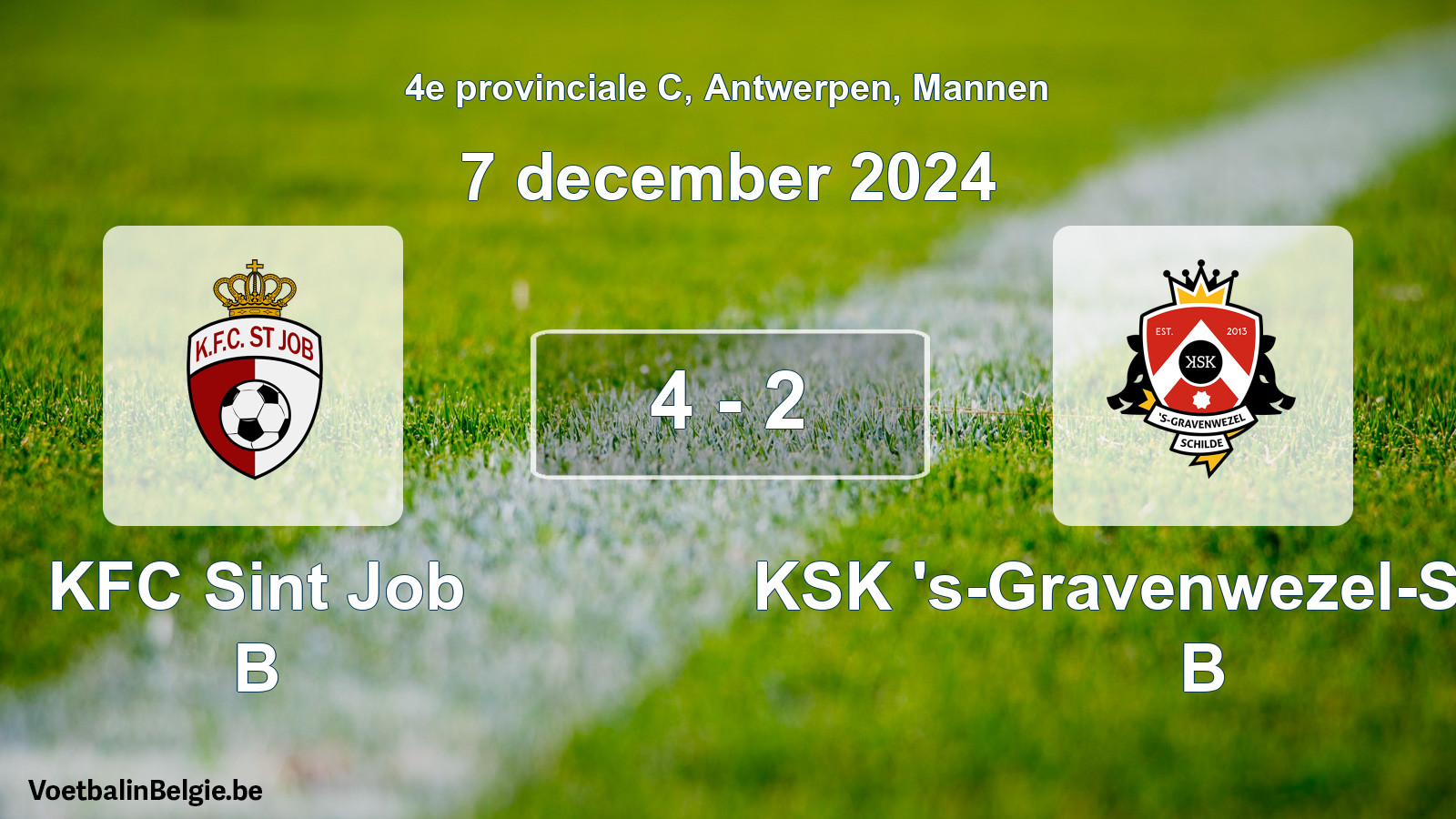 Gespeelde wedstrijd mannenvoetbal: KFC Sint Job B - KSK 's-Gravenwezel-Schilde B 4 - 2 (7 december 2024)
