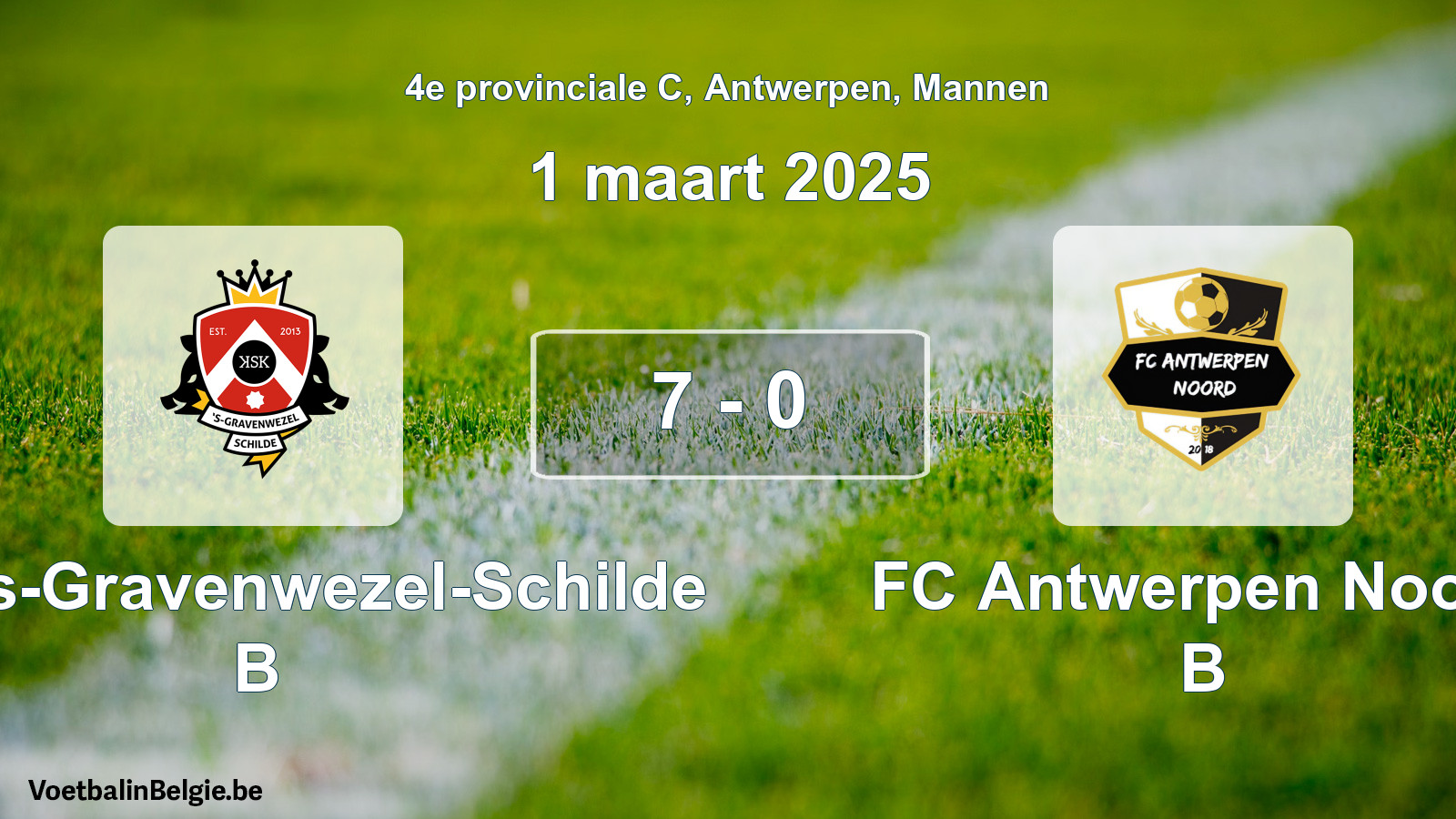 Played match men football: KSK 's-Gravenwezel-Schilde B - FC Antwerpen Noord B 7 - 0 (1 March 2025)