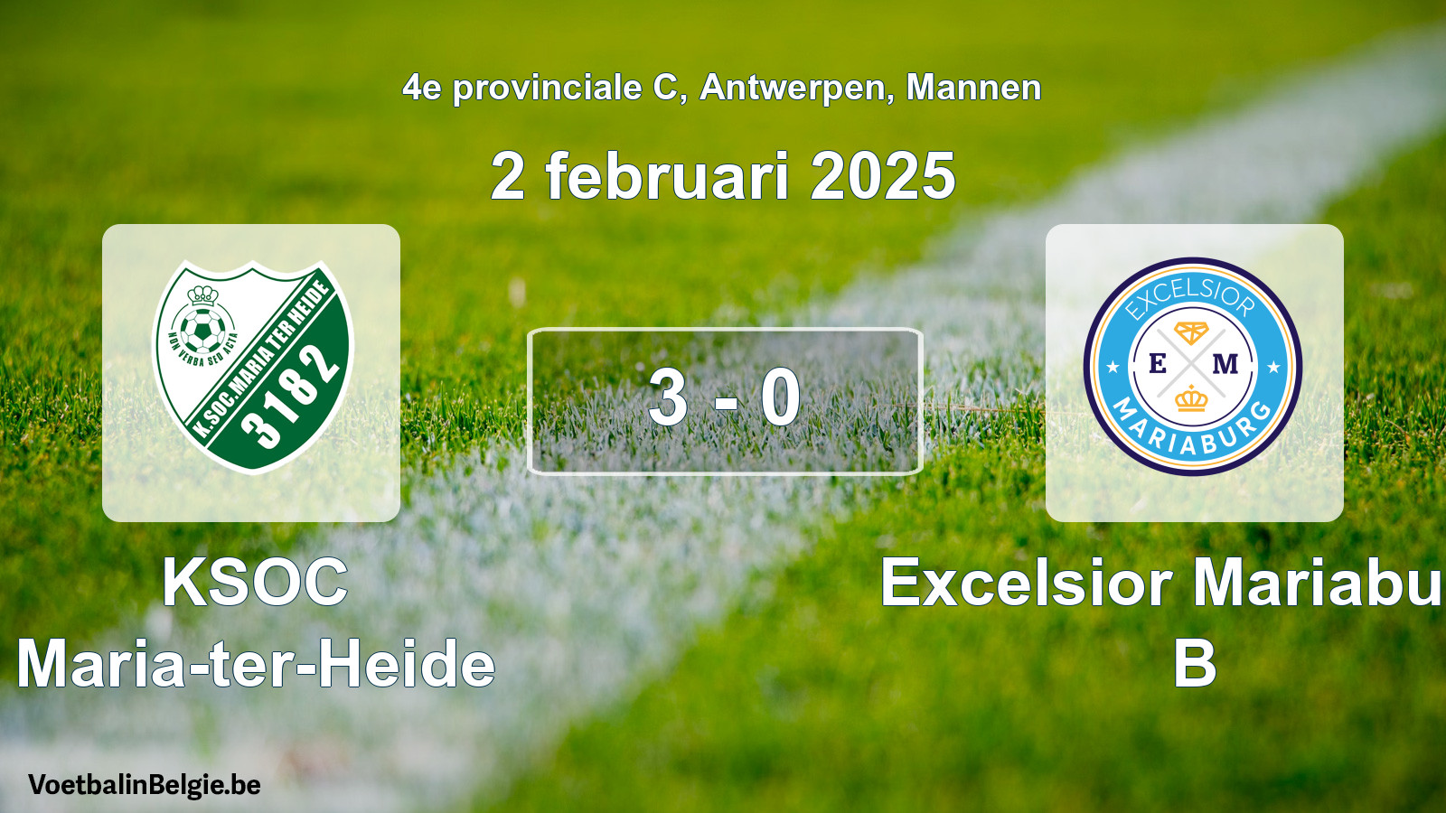 Gespeelde wedstrijd mannenvoetbal: KSOC Maria-ter-Heide - Excelsior Mariaburg B 3 - 0 (2 februari 2025)
