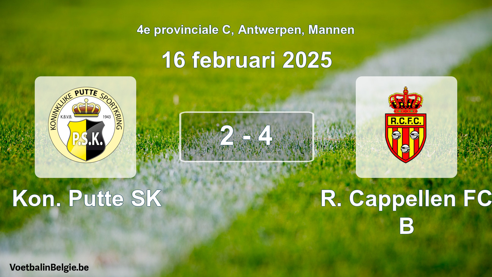 Gespeelde wedstrijd mannenvoetbal: Kon. Putte SK - R. Cappellen FC B 2 - 4 (16 februari 2025)