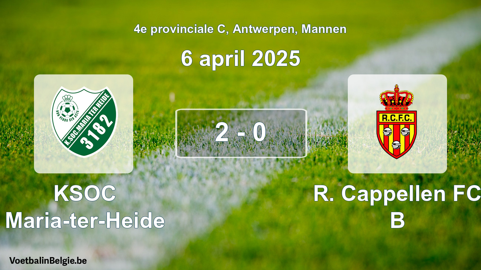 Gespeelde wedstrijd mannenvoetbal: KSOC Maria-ter-Heide - R. Cappellen FC B 2 - 0 (6 april 2025)