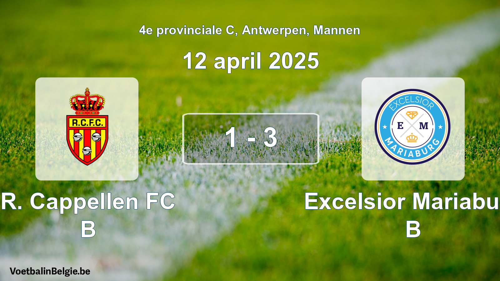 Gespeelde wedstrijd mannenvoetbal: R. Cappellen FC B - Excelsior Mariaburg B 1 - 3 (12 april 2025)