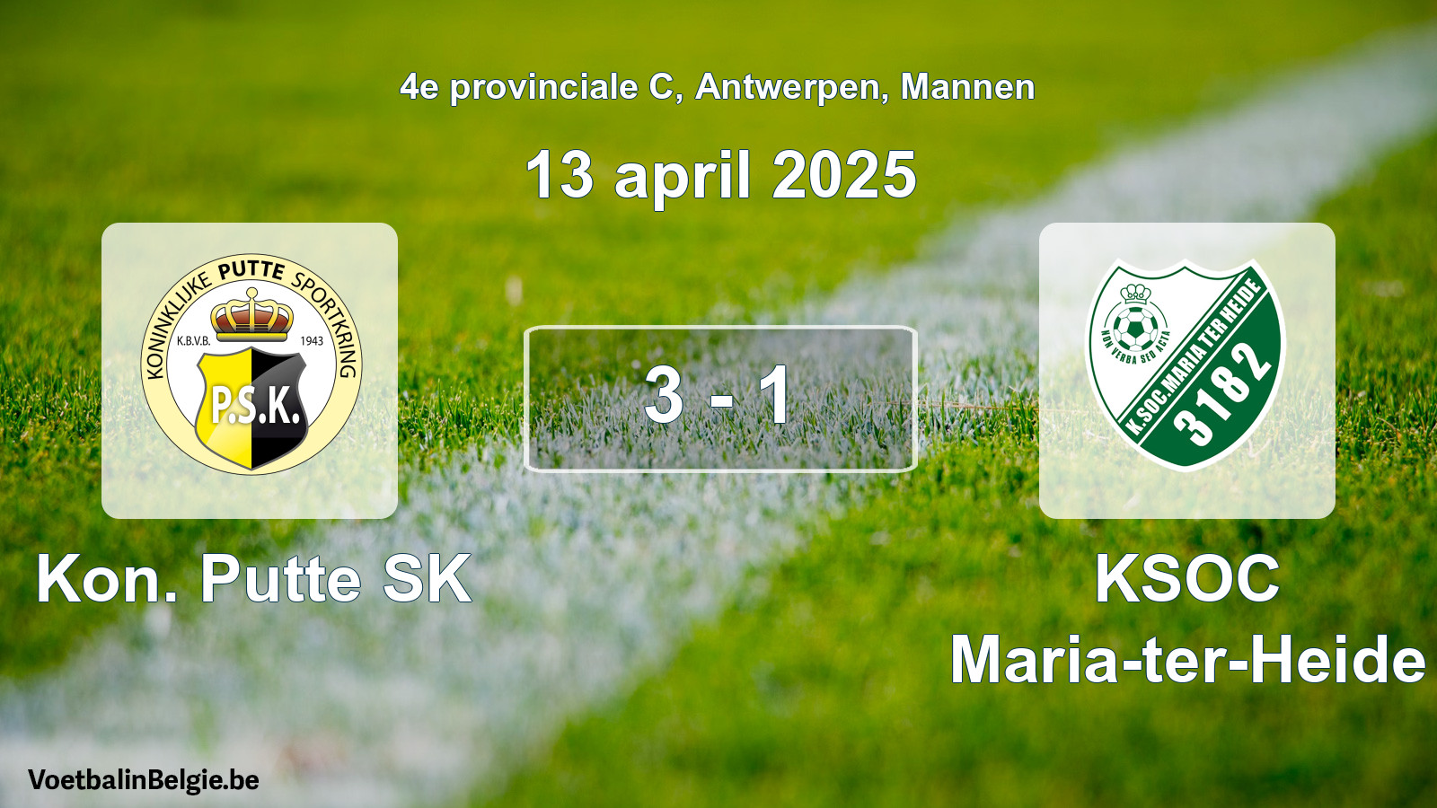 Gespeelde wedstrijd mannenvoetbal: Kon. Putte SK - KSOC Maria-ter-Heide 3 - 1 (13 april 2025)