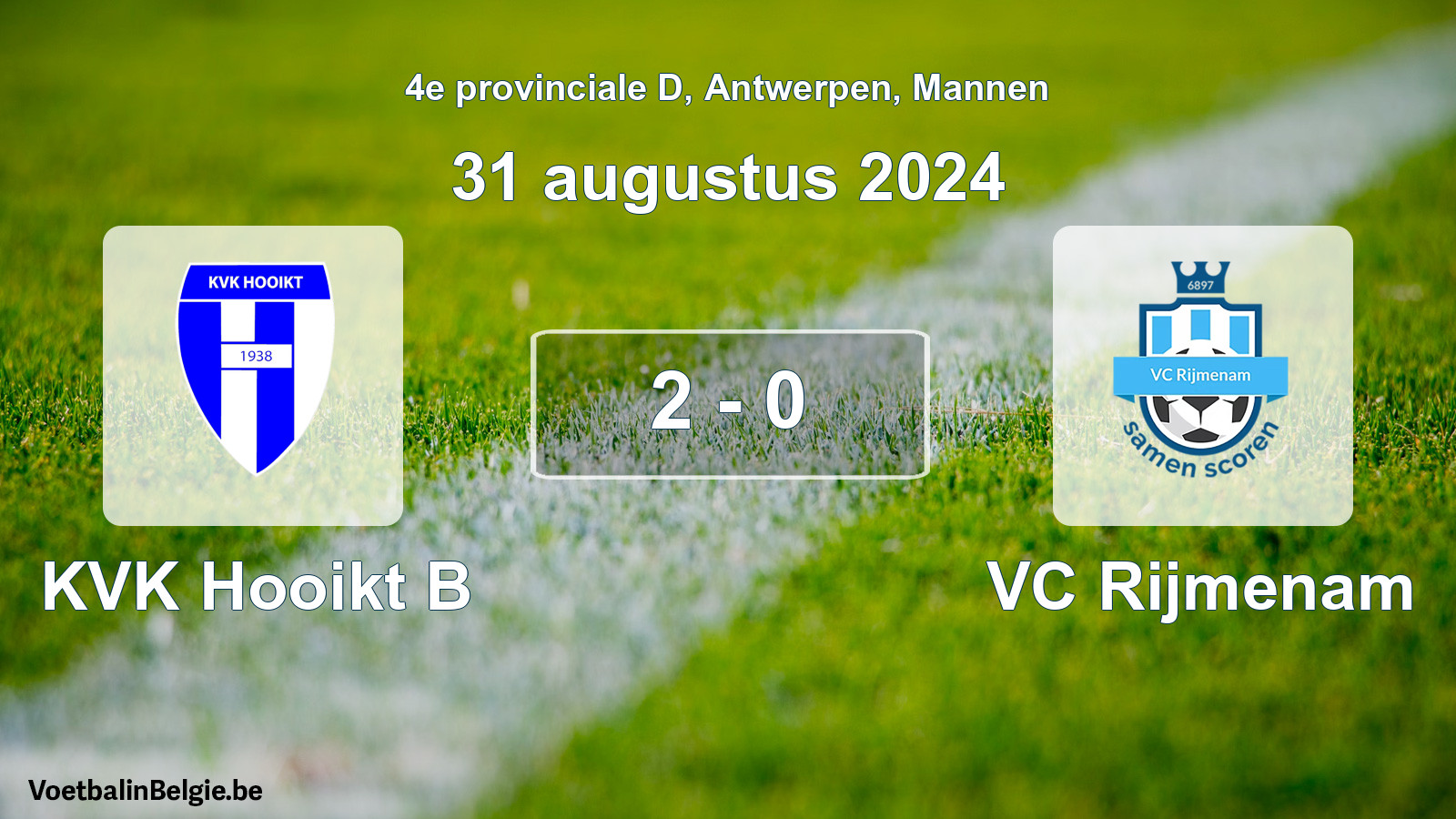 Gespeelde wedstrijd mannenvoetbal: KVK Hooikt B - VC Rijmenam 2 - 0 (31 augustus 2024)