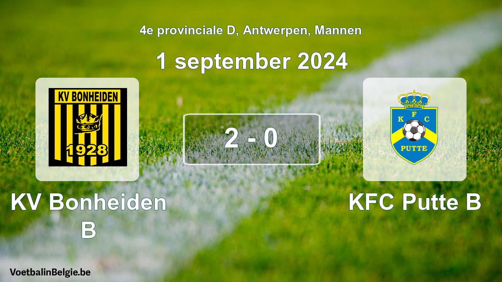 Gespeelde wedstrijd mannenvoetbal: KV Bonheiden B - KFC Putte B 2 - 0 (1 september 2024)