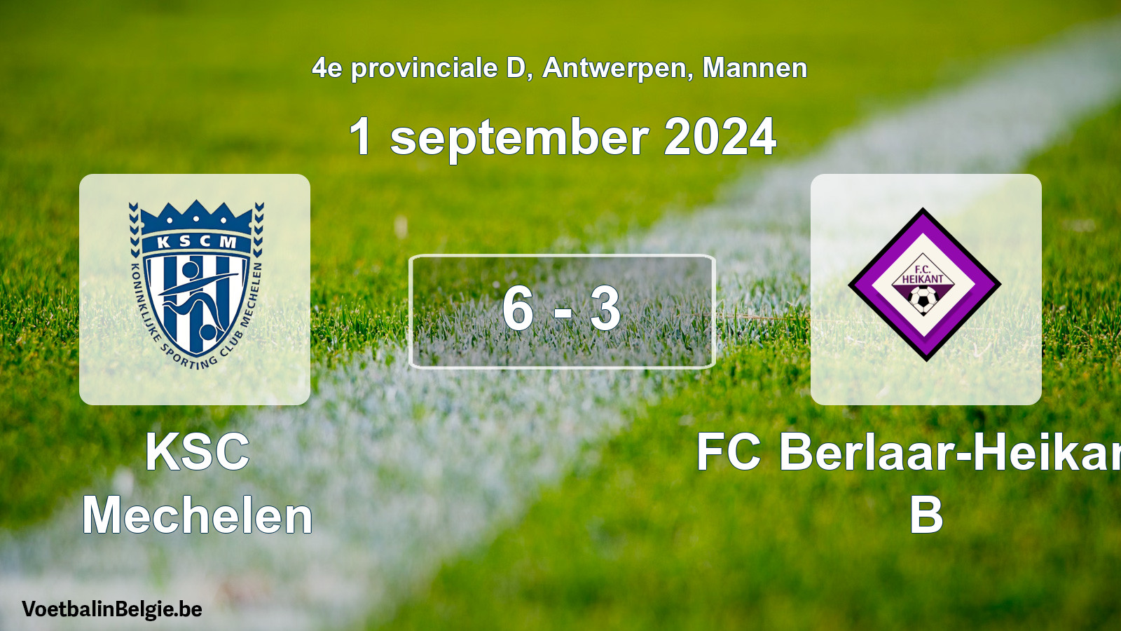 Gespeelde wedstrijd mannenvoetbal: KSC Mechelen - FC Berlaar-Heikant B 6 - 3 (1 september 2024)
