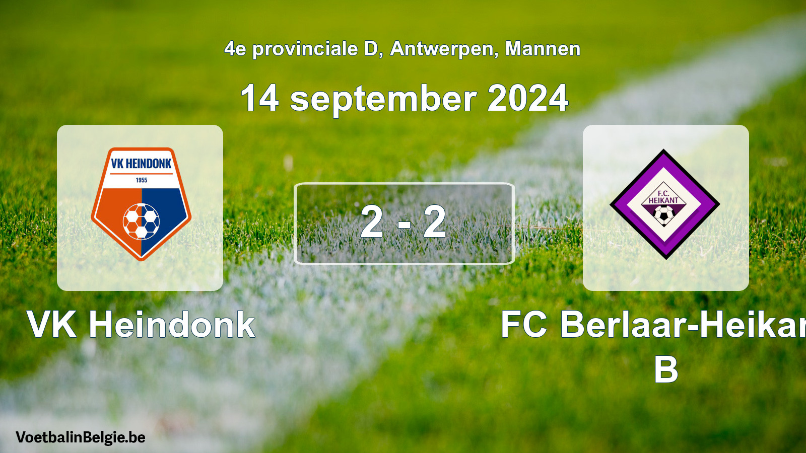 Gespeelde wedstrijd mannenvoetbal: VK Heindonk - FC Berlaar-Heikant B 2 - 2 (14 september 2024)
