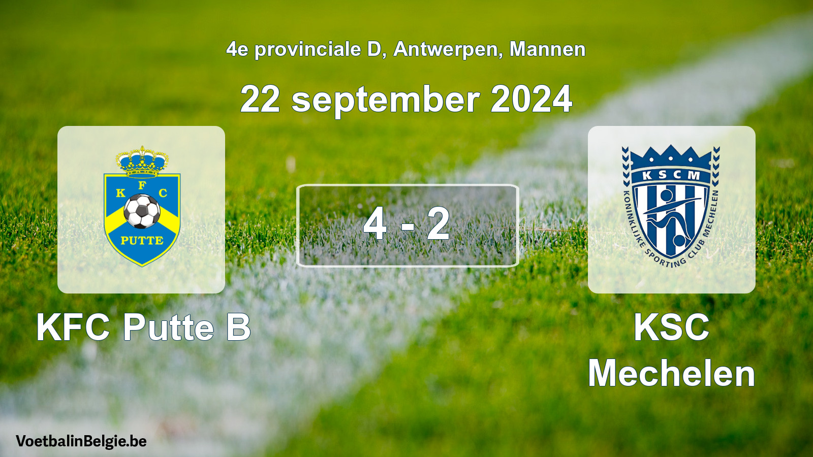 Gespeelde wedstrijd mannenvoetbal: KFC Putte B - KSC Mechelen 4 - 2 (22 september 2024)