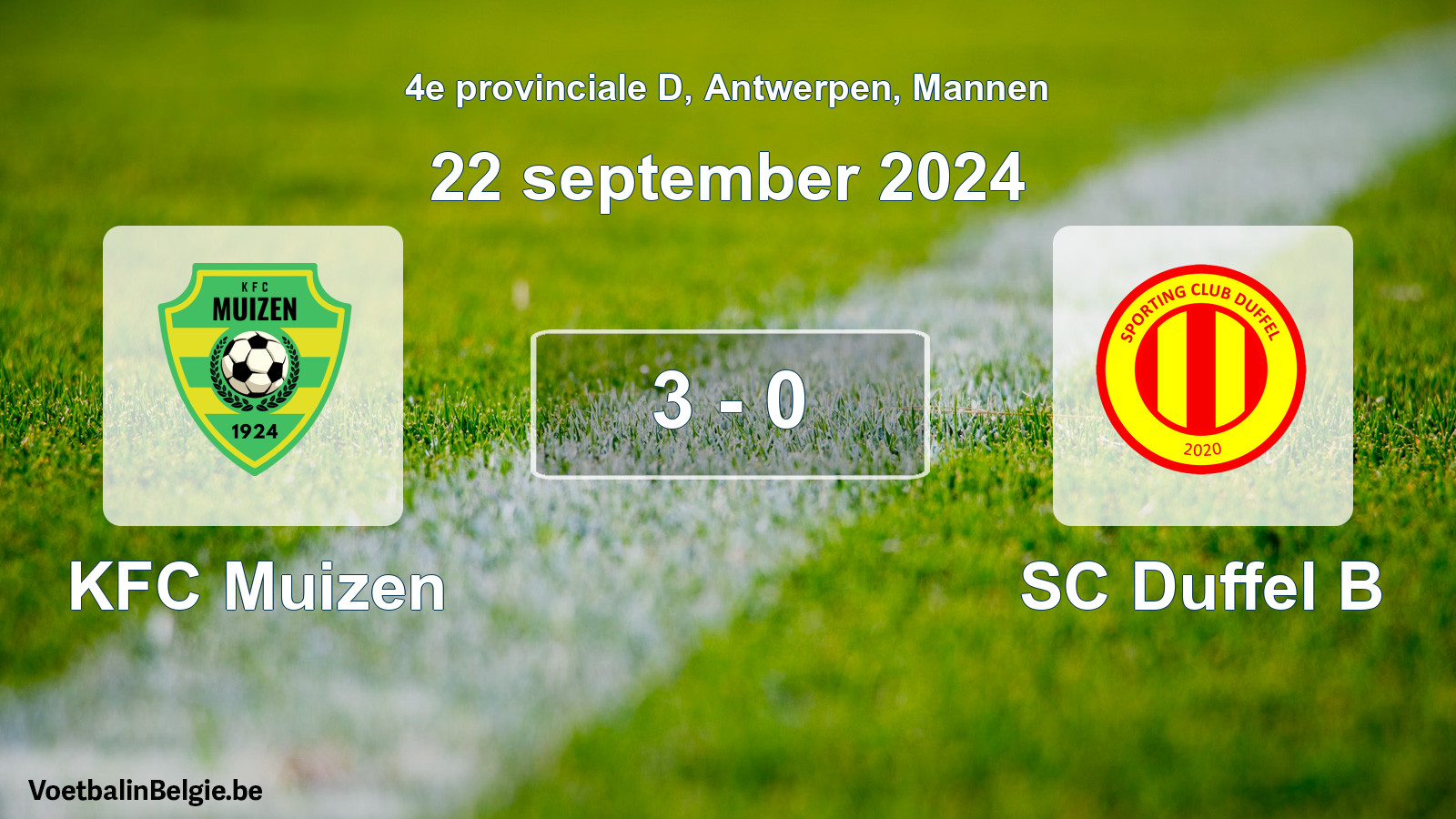 Gespeelde wedstrijd mannenvoetbal: KFC Muizen - SC Duffel B 3 - 0 (22 september 2024)
