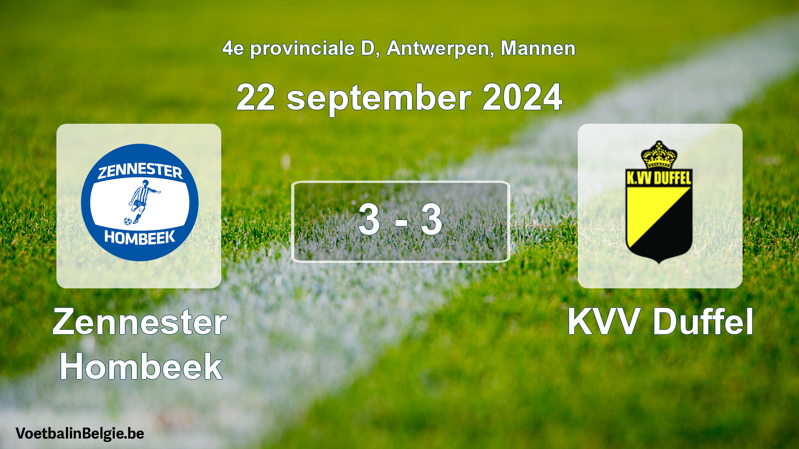 Gespeelde wedstrijd mannenvoetbal: Zennester Hombeek - KVV Duffel 3 - 3 (22 september 2024)