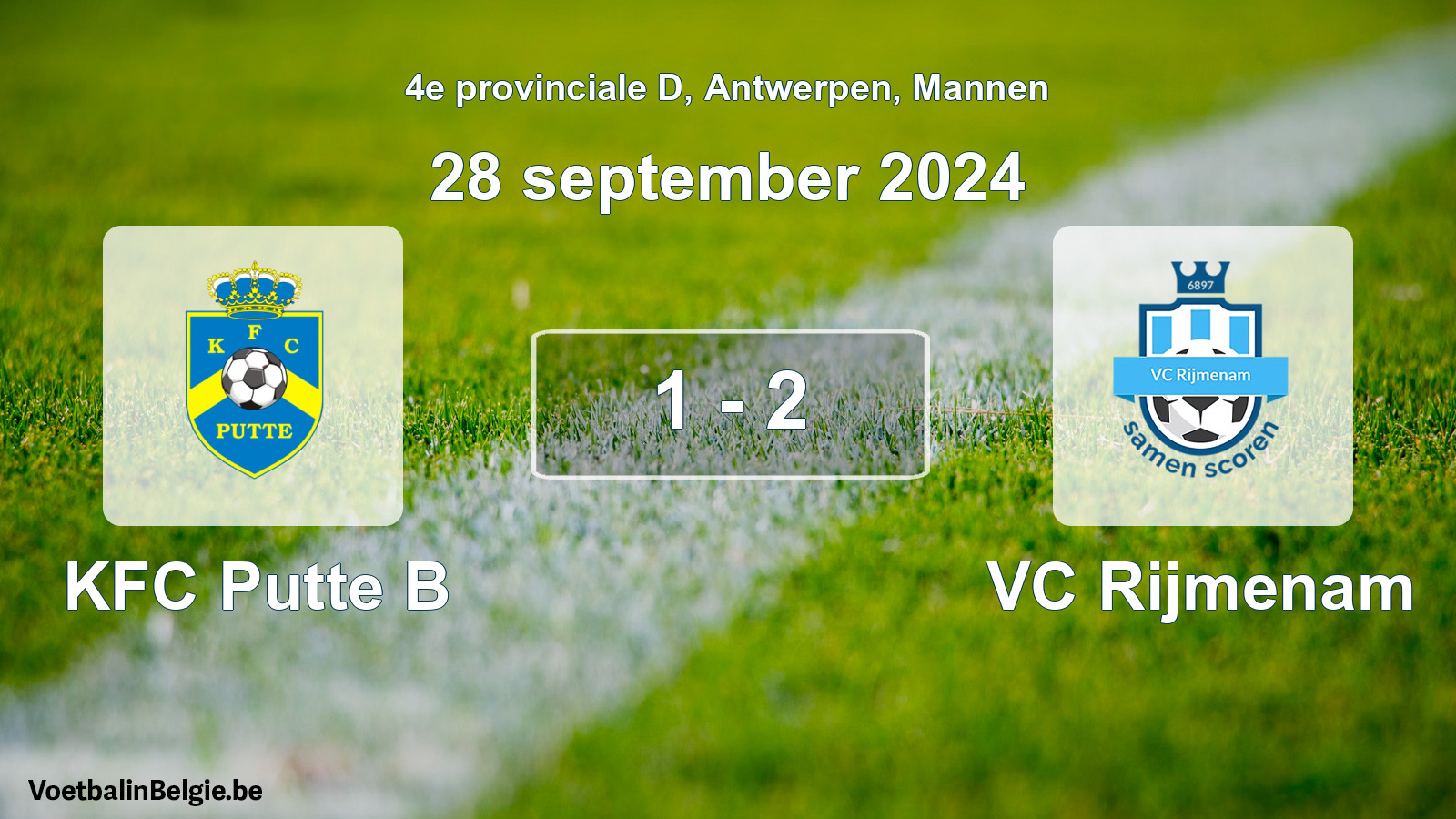 Gespeelde wedstrijd mannenvoetbal: KFC Putte B - VC Rijmenam 1 - 2 (28 september 2024)
