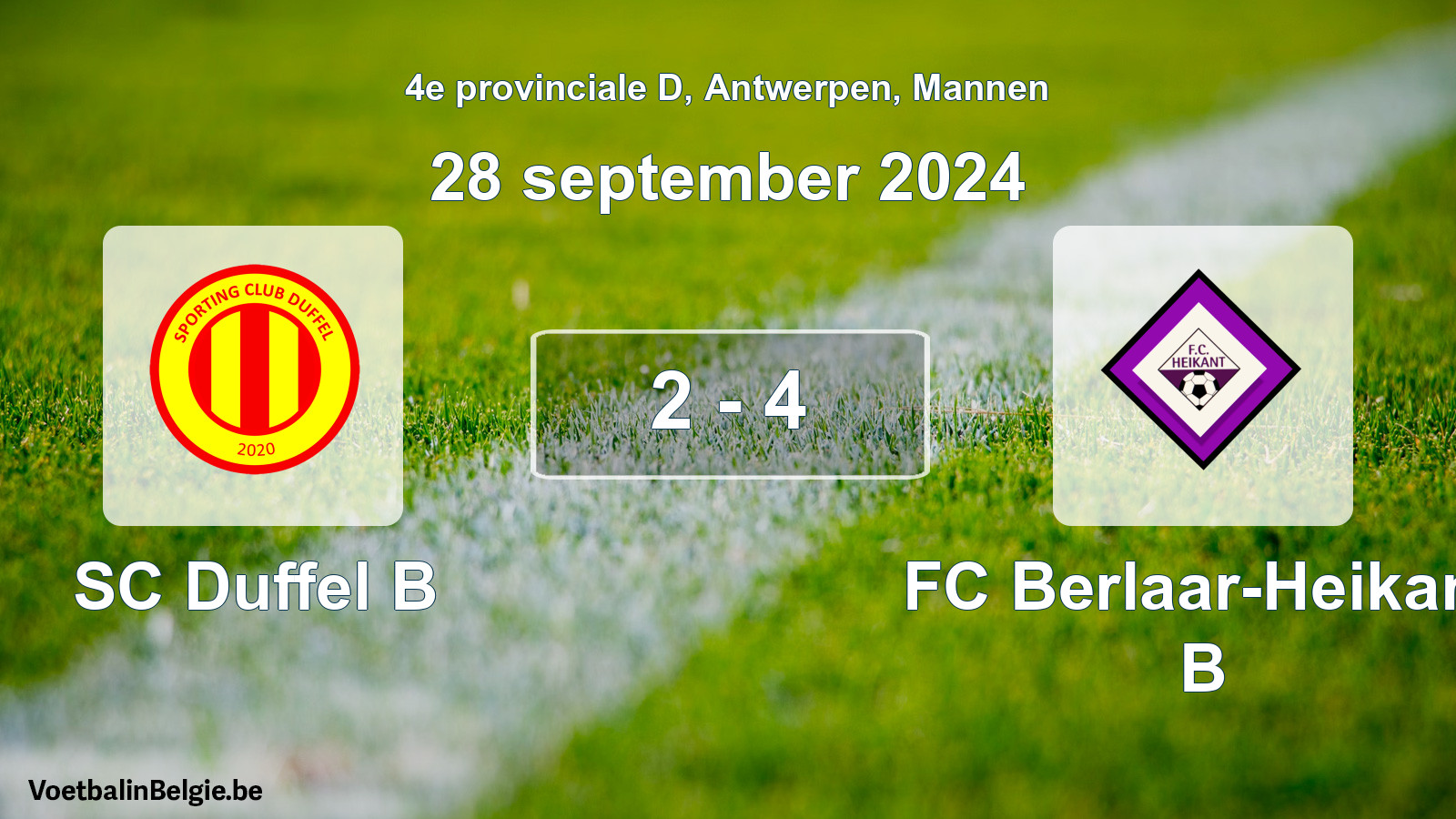 Gespeelde wedstrijd mannenvoetbal: SC Duffel B - FC Berlaar-Heikant B 2 - 4 (28 september 2024)