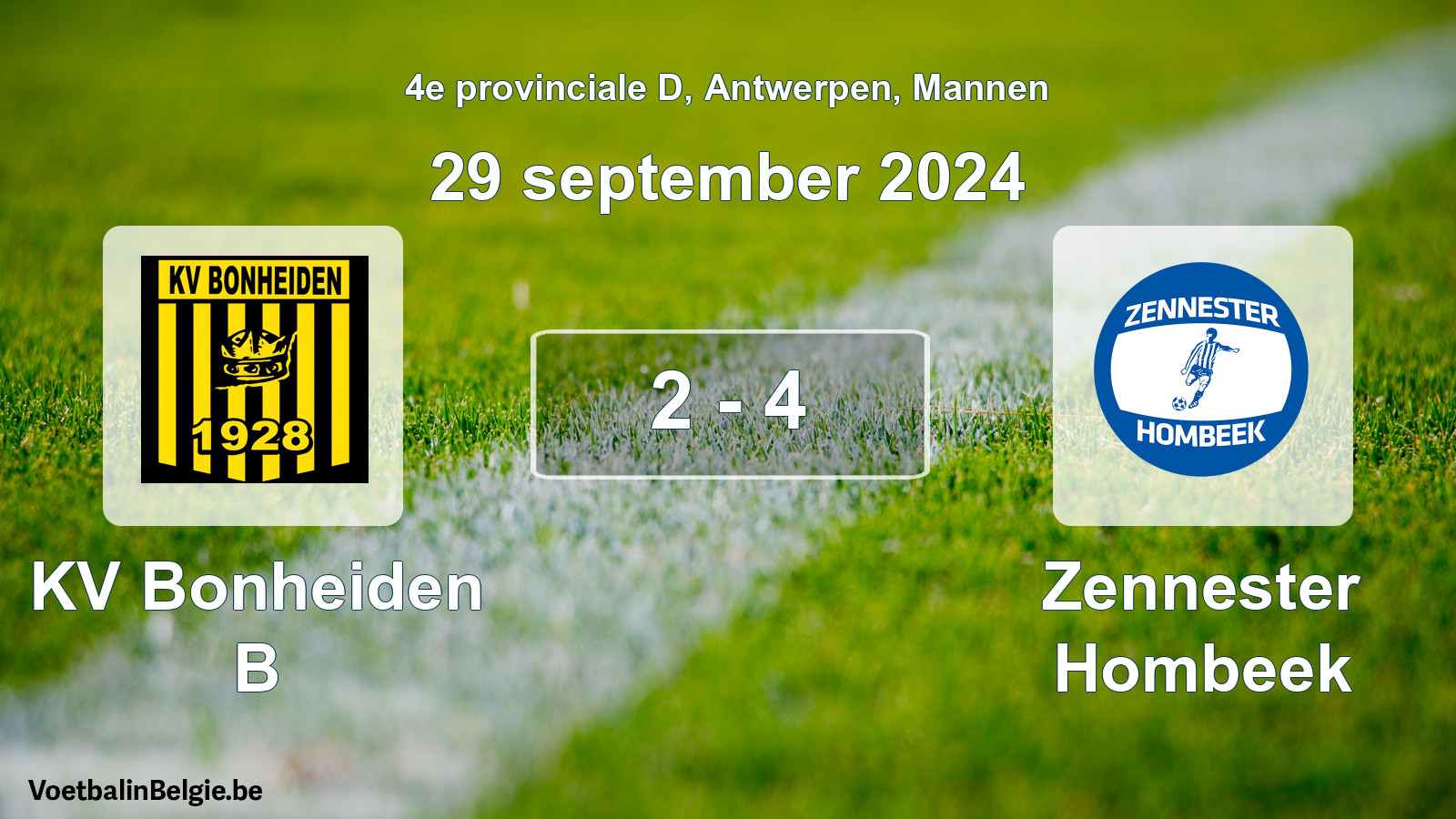 Gespeelde wedstrijd mannenvoetbal: KV Bonheiden B - Zennester Hombeek 2 - 4 (29 september 2024)