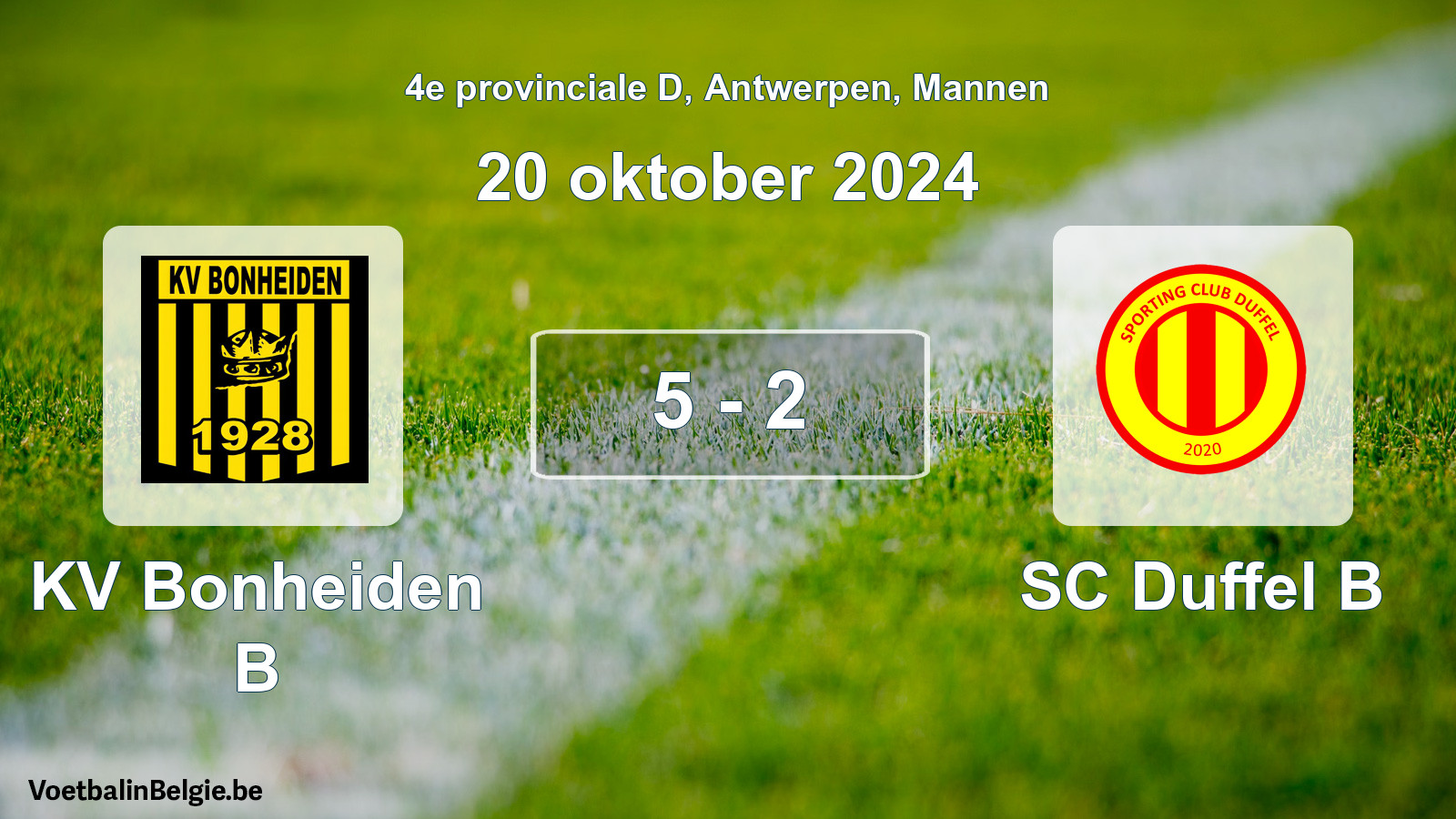 Gespeelde wedstrijd mannenvoetbal: KV Bonheiden B - SC Duffel B 5 - 2 (20 oktober 2024)