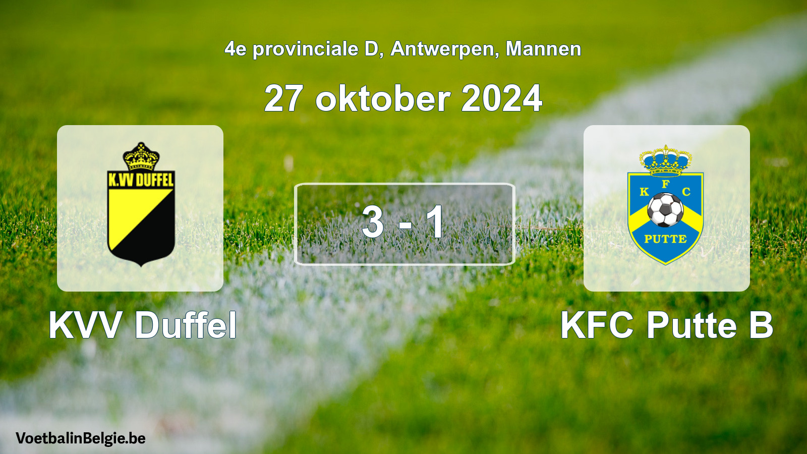Gespeelde wedstrijd mannenvoetbal: KVV Duffel - KFC Putte B 3 - 1 (27 oktober 2024)