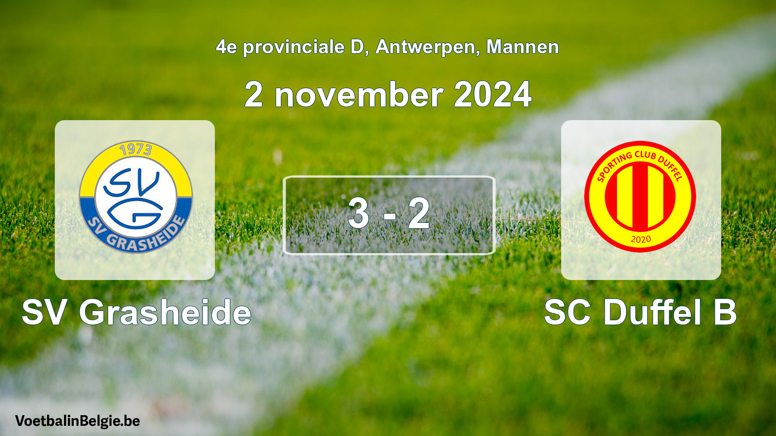 Gespeelde wedstrijd mannenvoetbal: SV Grasheide - SC Duffel B 3 - 2 (2 november 2024)