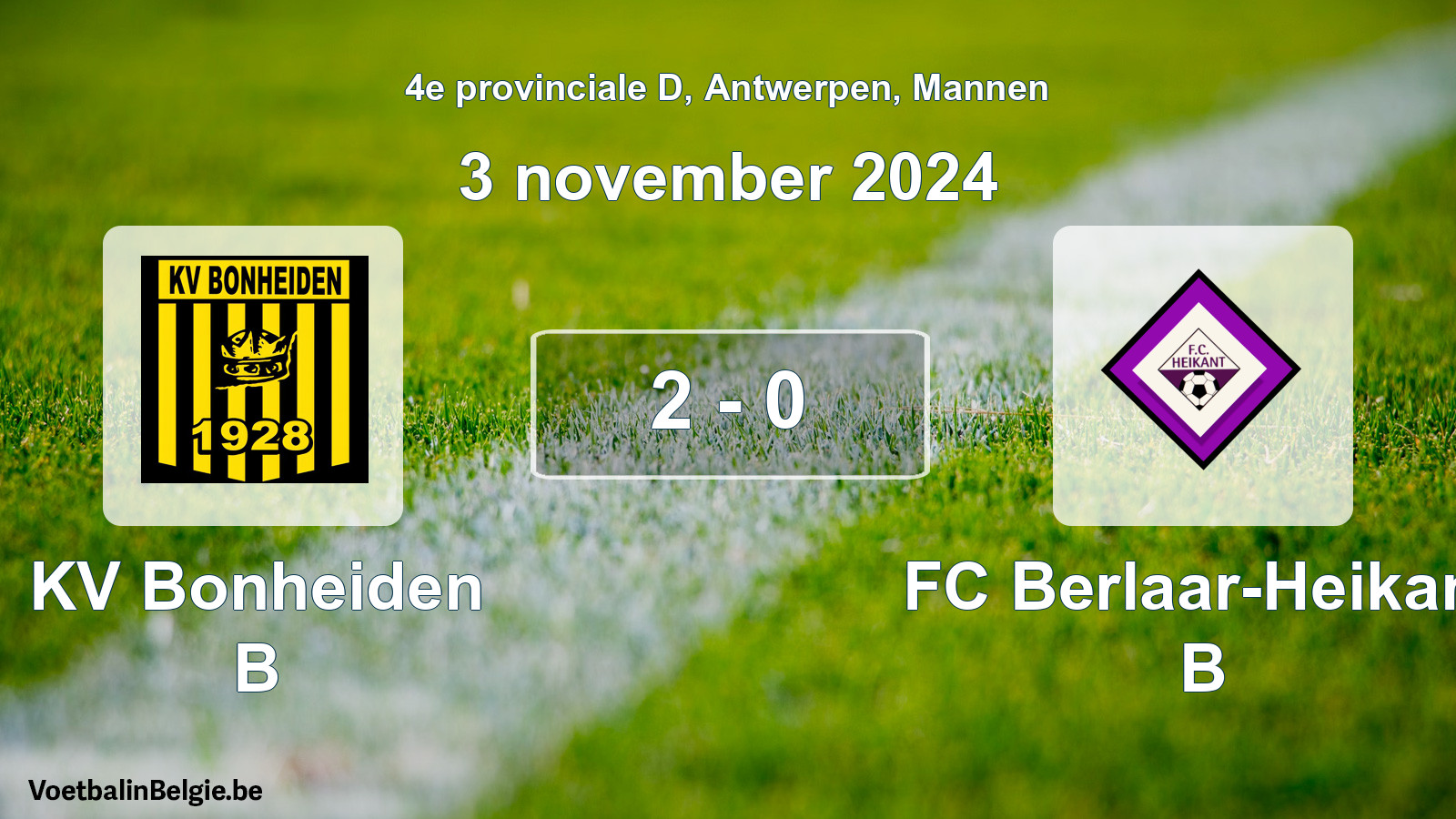 Gespeelde wedstrijd mannenvoetbal: KV Bonheiden B - FC Berlaar-Heikant B 2 - 0 (3 november 2024)