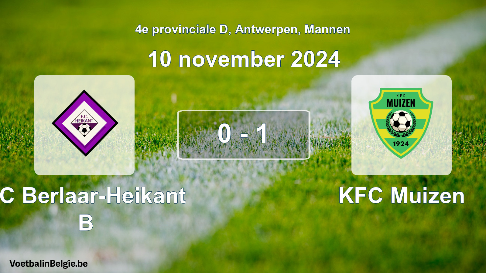 Gespeelde wedstrijd mannenvoetbal: FC Berlaar-Heikant B - KFC Muizen 0 - 1 (10 november 2024)