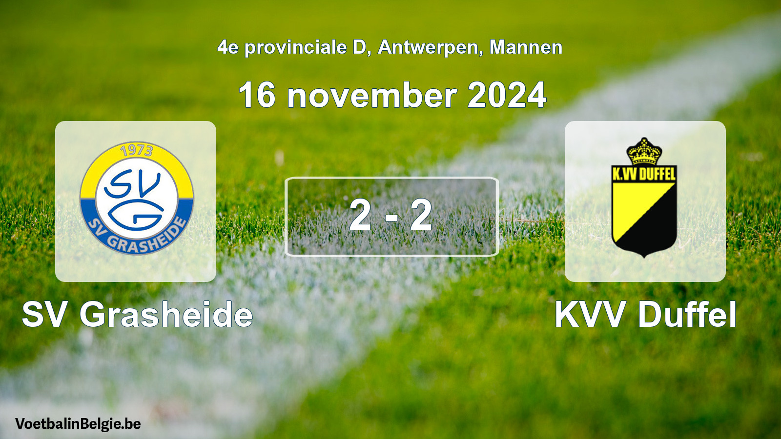 Gespeelde wedstrijd mannenvoetbal: SV Grasheide - KVV Duffel 2 - 2 (16 november 2024)